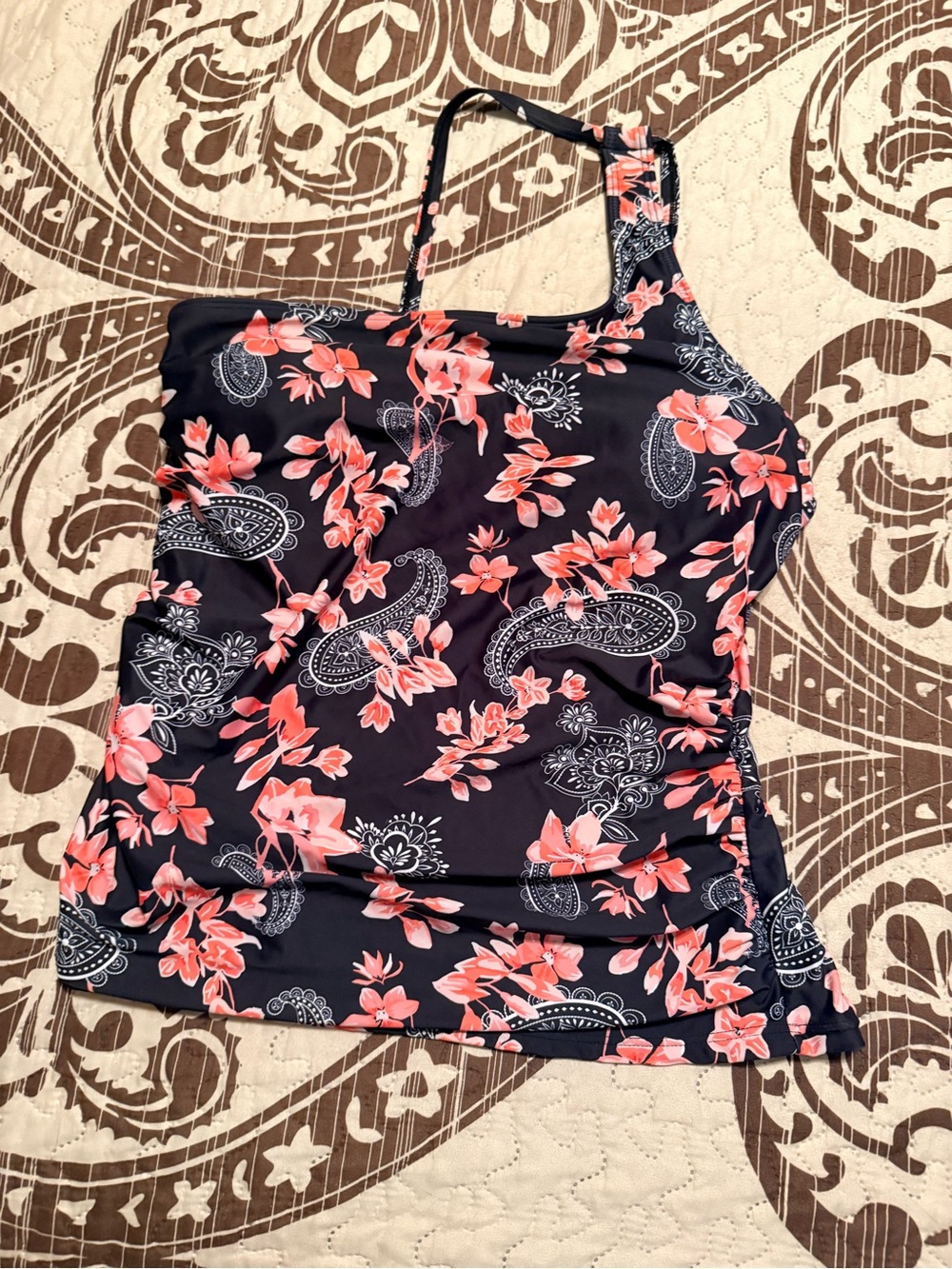 Women’s One-Shoulder Floral Tank Top in Black and Coral
